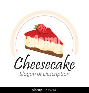 Gustosa Cheesecake con illustrazione di fragola con didascalie : emblema del vettore isolato su sfondo bianco. Illustrazione Vettoriale