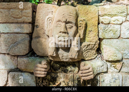 Un volto scolpito su un muro dalla struttura 29 in Copan rovine, Sito Patrimonio Mondiale dell'UNESCO, Copan, Honduras, America Centrale Foto Stock