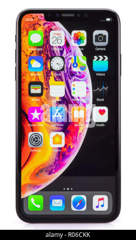 Galati, Romania - 26 Ottobre 2018: Apple lancio del nuovo smartphone iPhone XS e iPhone XS Max. iPhone Xs Max su sfondo bianco. Foto Stock