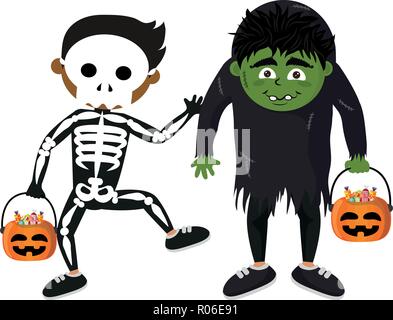 Contenti i bambini celebrare Halloween con costumi cartoons illustrazione vettoriale graphic design Illustrazione Vettoriale