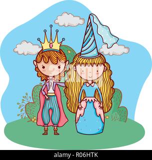 Fairytale princess godendo all'aperto con alberi e cielo nuvoloso cartoon illustrazione vettoriale graphic design Illustrazione Vettoriale