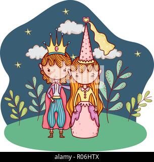 Fairytale princess godendo all'aperto con alberi e cielo nuvoloso cartoon illustrazione vettoriale graphic design Illustrazione Vettoriale