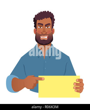 L'uomo africano tenendo la scheda vuota. African American uomo puntare il dito al centro card. illustrazione Foto Stock