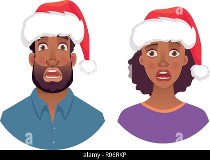Ritratto di African l uomo e la donna nel cappello di Natale. Emozioni di African American donna faccia. Espressione facciale uomini illustrazione vettoriale Illustrazione Vettoriale