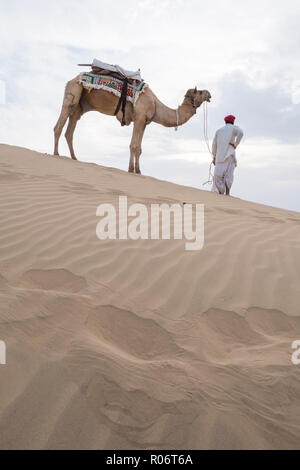 Il Cammello trader rilassante sulla duna di sabbia nel deserto di Thar in Jaisalmer, India. Foto Stock