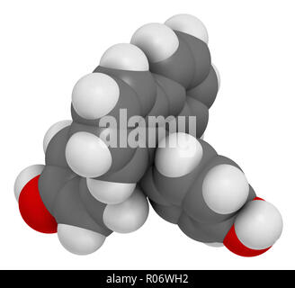 Fluorene-9-bisfenolo (BHPF molecola). Utilizzato come alternativa per il bisfenolo A (BPA) ma è stato trovato per essere Endocrine Disruptor come bene. Il rendering 3D. Gli atomi sono ri Foto Stock