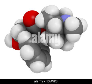 Iosciamina alcaloide molecola. Fonti di erbe includono henbane, Mandrake, jimsonweed, belladonna e pomodoro. Il rendering 3D. Gli atomi sono rappresentati Foto Stock