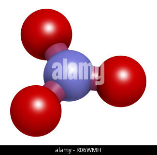 Anione nitrato, struttura chimica. Il rendering 3D. Gli atomi sono rappresentati come sfere con i tradizionali colori: azoto (blu), Ossigeno (rosso). Foto Stock