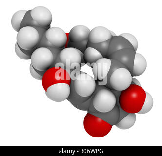 La prostaglandina D2 (PGD2 molecola). Il rendering 3D. Gli atomi sono rappresentati come sfere con i tradizionali colori: idrogeno (bianco), carbonio (grigio), ossig Foto Stock