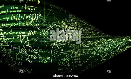 3D rendering astratte formule matematiche nello spazio virtuale. Formule matematiche è piegata nella forma di un nastro Foto Stock