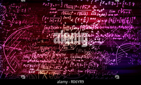 3D rendering blocchi astratto di formule matematiche che sono nello spazio virtuale. Fotocamera dentro le formule matematiche Foto Stock