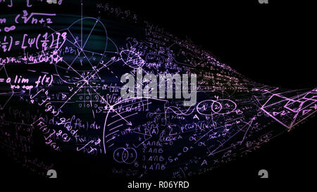 3D rendering astratte formule matematiche nello spazio virtuale. Formule matematiche è piegata nella forma di un nastro Foto Stock