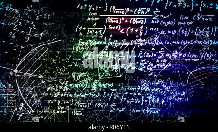3D rendering blocchi astratto di formule matematiche che sono nello spazio virtuale. Fotocamera dentro le formule matematiche Foto Stock