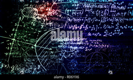 3D rendering blocchi astratto di formule matematiche che sono nello spazio virtuale. Fotocamera dentro le formule matematiche Foto Stock