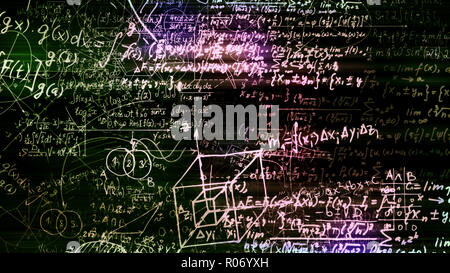 3D rendering blocchi astratto di formule matematiche che sono nello spazio virtuale. Fotocamera dentro le formule matematiche Foto Stock