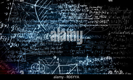 3D rendering blocchi astratto di formule matematiche che sono nello spazio virtuale. Fotocamera dentro le formule matematiche Foto Stock