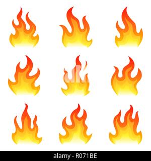 Rosso fuoco piatto set di icone isolati su sfondo bianco per il pericolo di un concetto o di un logo design. Set di fiamma e rosso fuoco impostato Illustrazione Vettoriale