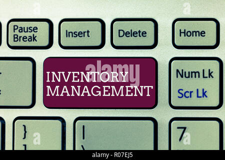 La grafia la scrittura di testo la gestione dell'inventario. Concetto significato di supervisionare il controllo di stoccaggio delle scorte e dei prezzi. Foto Stock