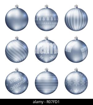 Azzurro pastello palle di Natale isolato su sfondo bianco. Fotorealistica di alta qualità insieme di vettore di baubles di natale. Illustrazione Vettoriale