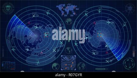 Dettagliata radar militari con due schermi blu con tracce di piani e obiettivi Illustrazione Vettoriale