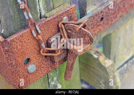 Il vecchio marrone rosso a forma di lucchetto arrugginito e la catena su un cancello in legno Foto Stock