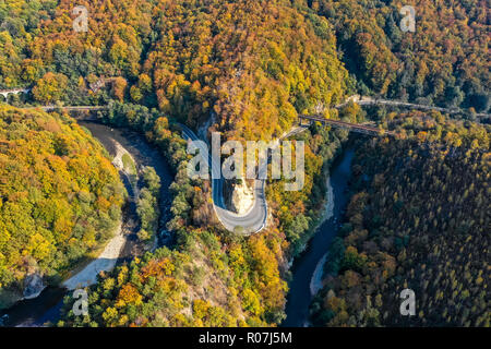 Valle Jiului (Valea Jiului) Canyon panorama con strada di montagna attraverso la foresta vista aerea Foto Stock