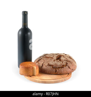 Bottiglia di vino rosso, pane di segale e formaggio affumicato al round di legno. Isolato su bianco, percorso di clipping incluso Foto Stock