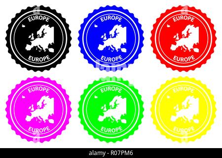 Europa - timbro di gomma - vettore, continente Europa mappa pattern - adesivo - nero, blu, verde, giallo, viola e rosso Illustrazione Vettoriale