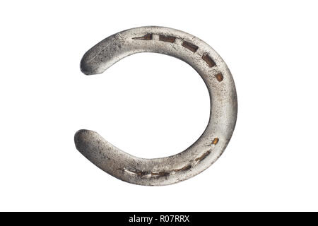 Vista superiore in acciaio lucidato isolato a ferro di cavallo su bianco Foto Stock