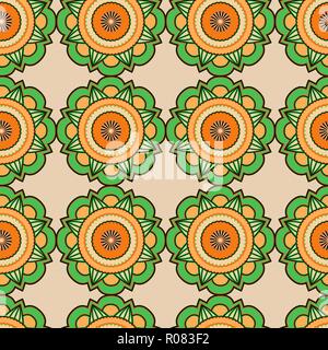 Decorazione floreale seamless pattern in verde e in arancione sfumature di colore sul muto sfondo beige, vettore come un tessuto texture Illustrazione Vettoriale