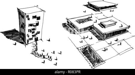 Due disegnati a mano architectectural schizzi di una moderna architettura astratta con le persone intorno a Illustrazione Vettoriale