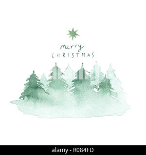 Acquerello paesaggio invernale di una foresta di velatura su sfondo bianco Foto Stock