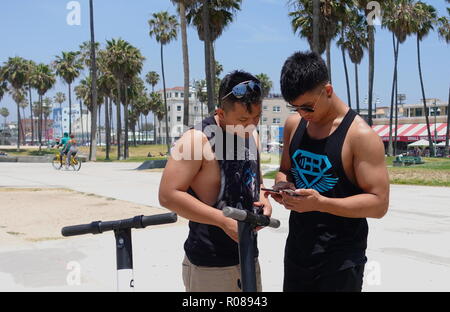 Due giovani, muscolare uomini asiatici utilizzare il telefono mobile app per sbloccare e affitto dockless uccello elettrico scooter sulla spiaggia di Venezia percorso per biciclette Foto Stock