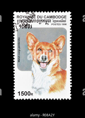 Annullato francobollo stampato dalla Cambogia, che mostra Welsh Corgi circa 1998. Foto Stock