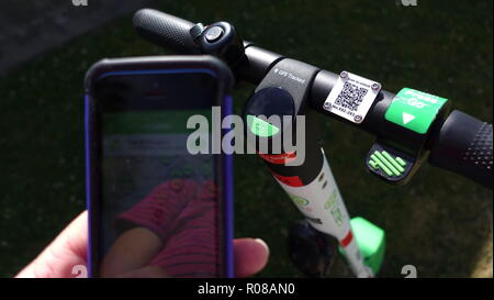 In prossimità del manubrio ed eseguire la scansione di un simbolo di calce-S scooter elettrico e la mano che tiene il telefono cellulare con calce aperte bike app Foto Stock