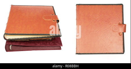Album Foto in pelle coperchio isolato, sfondo bianco Foto Stock