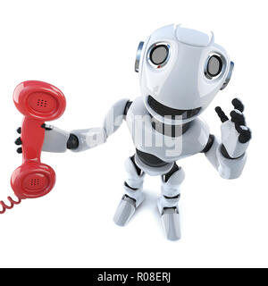 3D render di un divertente robot cartoon character tenendo un telefono Foto Stock