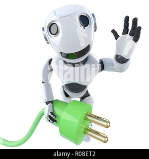 3D render di un divertente robot cartoon character tenendo un energia verde cavo di alimentazione Foto Stock