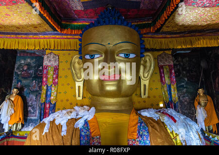 I dodici metri di altezza in rame con oro dorato statua del Buddha Shakyamuni, è una delle attrazioni principali di Shey Gompa, costruito nel 1655 Foto Stock