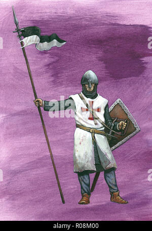 Crociato medievale. Cavaliere templare, XIIc. Illustrazione storica. Foto Stock