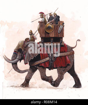 Illustrazione di elefante di guerra, esercito di Cartagine. Illustrazione storica. Foto Stock