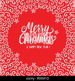 Iscrizione Buon Natale e Felice Anno Nuovo. Quadrato di carta con un luogo rotondo sotto il testo. Inverno gelido ricci con il simbolo del fiocco di neve del disegno a mano. Illustrazione di vettore isolato su sfondo rosso. Illustrazione Vettoriale