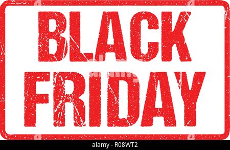 Venerdì nero tipografia isolato su bianco. Timbro di gomma inchiostro rosso per effetto di imitazione Illustrazione Vettoriale