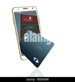 Portafoglio mobile è qui illustrata con un portafoglio in pelle e le carte di credito sono in ed intorno a un telefono cellulare che è utilizzato per il mobile banking e acquisti. Foto Stock