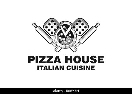 Disegnato a mano pizza vintage house logo design Illustrazione Vettoriale