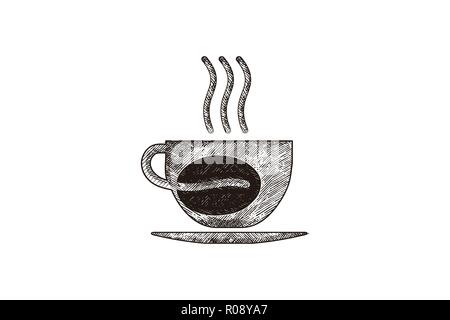 Disegnato a mano caffè vapore, mug, vetro chicco di caffè, coffee shop disegni logo ispirazione isolata su sfondo bianco Illustrazione Vettoriale