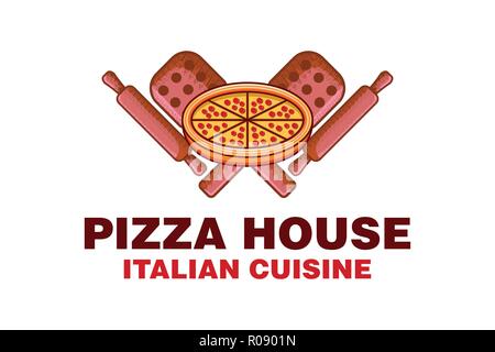 Pizza Vintage House il cibo italiano disegni logo ispirazione isolata su sfondo bianco Illustrazione Vettoriale