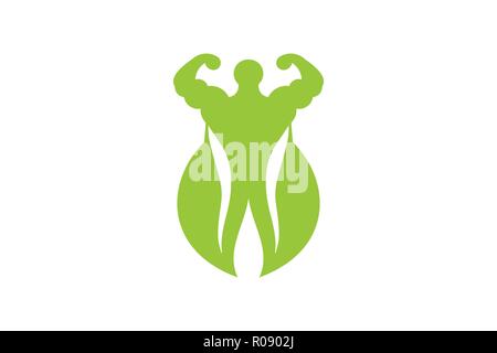Muscolo, foglia verde, cibo sano atleta disegni logo ispirazione isolata su sfondo bianco Illustrazione Vettoriale