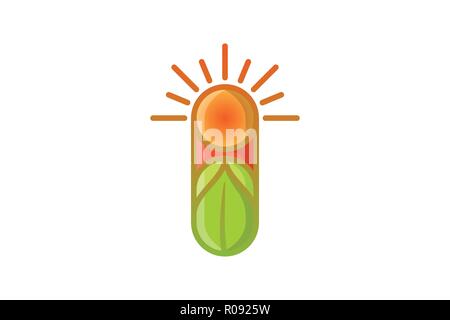 Sunshine, leaf, pillola, sani disegni logo ispirazione isolata su sfondo bianco Illustrazione Vettoriale