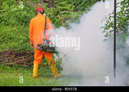 Lavoratore di appannamento area di alloggiamento con insetticidi per uccidere aedes terreno fertile portatore del virus Dengue nel tardo pomeriggio. Foto Stock